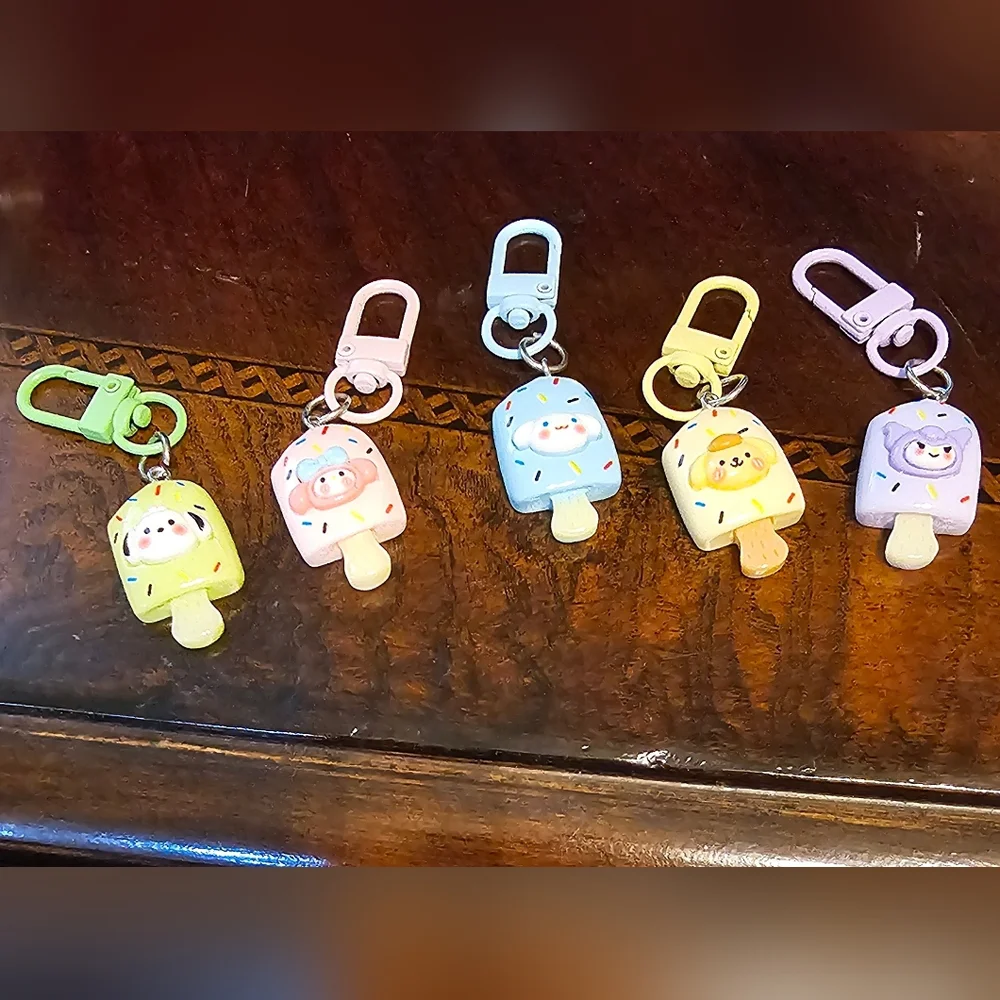 Sanrio Characters on Ice Cream Popsicles Keychain Purse Charms Set of Five New - Picture 1 of 6